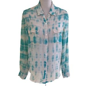 Gypsy 05 Global Village 100% Silk Tie Dyed Cream & Turquoise Button Down Blouse